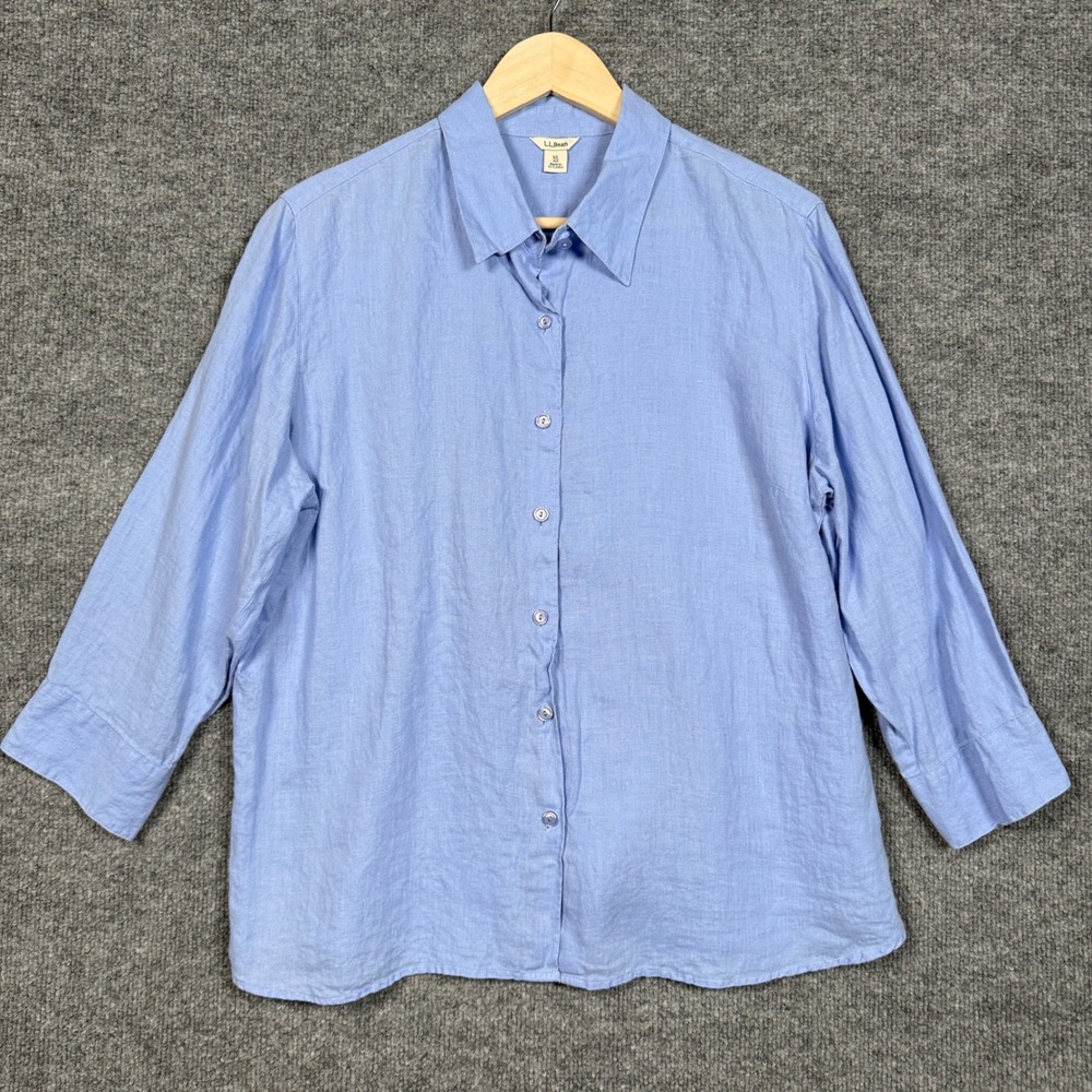 L.L. Bean Womens Size XL Shirt Blue Chambray Linen Button Up Roll Tab Sleeves